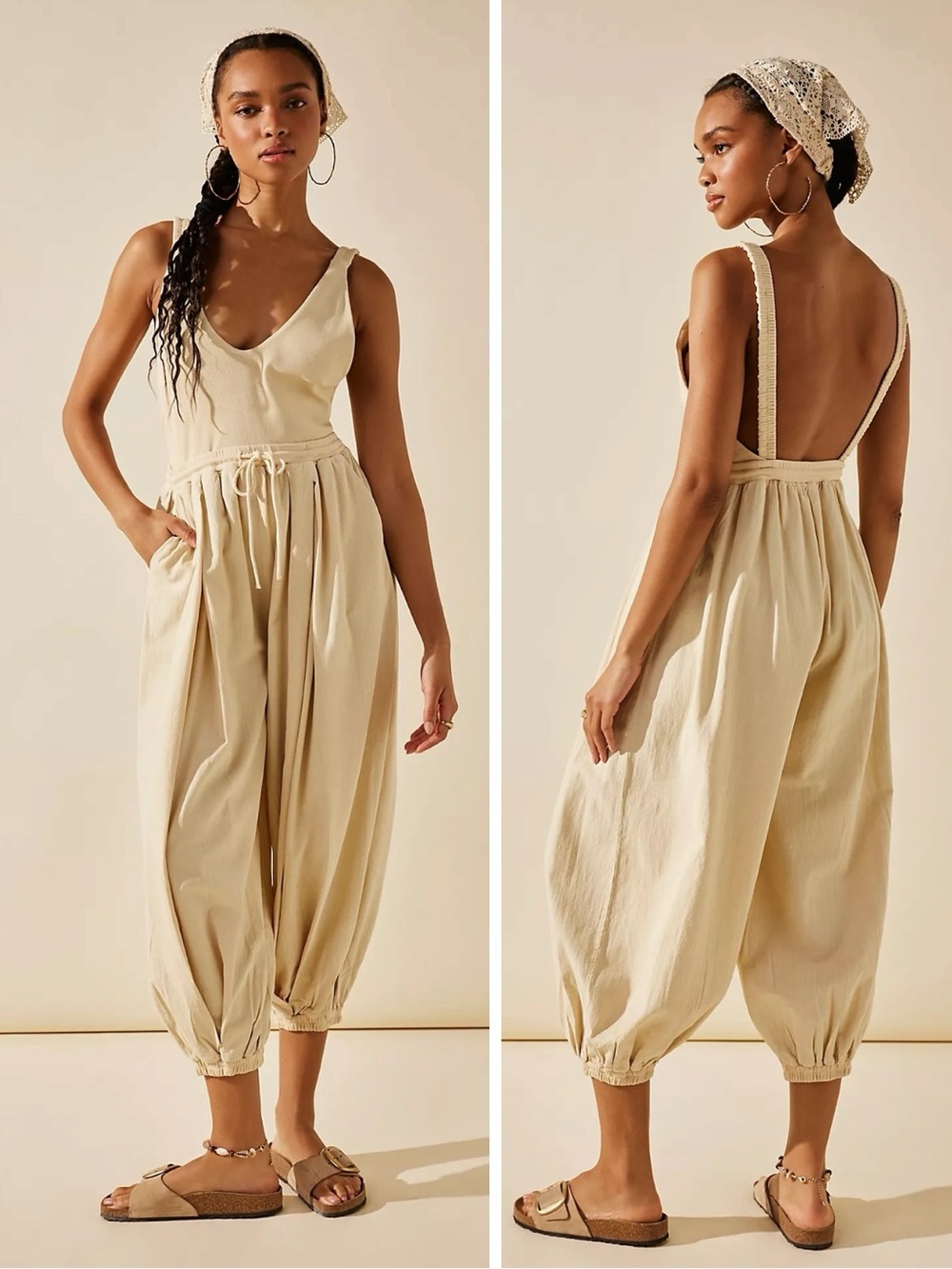 Free People Bohemian Beach Balloon Harem Zon Jumpsuit in Neutral Tan Medium NWT